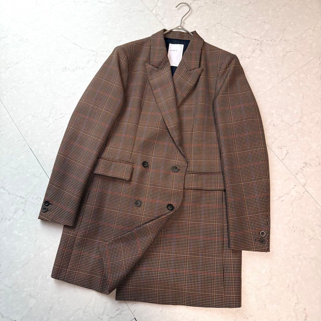 美品 NOBLE チェックピークドロングジャケット 38 ブラウン