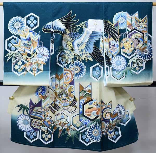 お宮参り 産着 のしめ 男児 正絹 綸子地 金刺繍 青緑色 鷹 NO42273