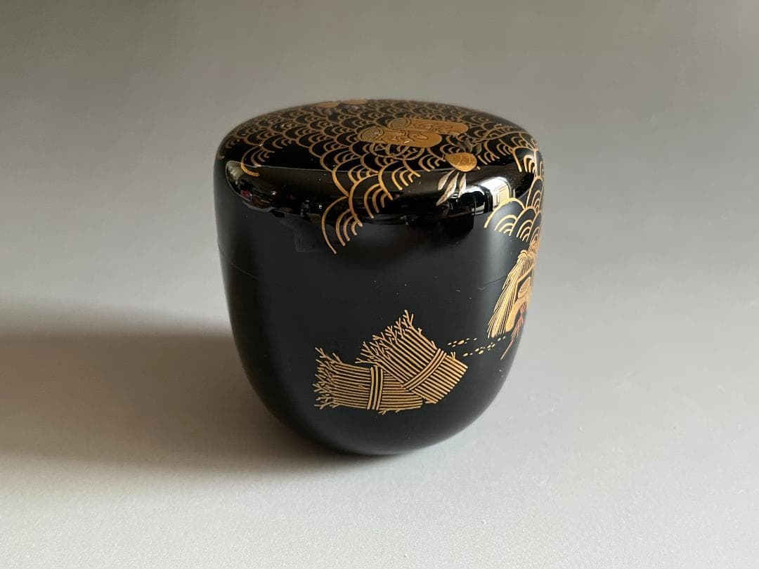 山崎博　迎舟造　汐汲蒔絵　大棗　黒塗　堀内宗完書付　茶道具　薄茶器　表千家