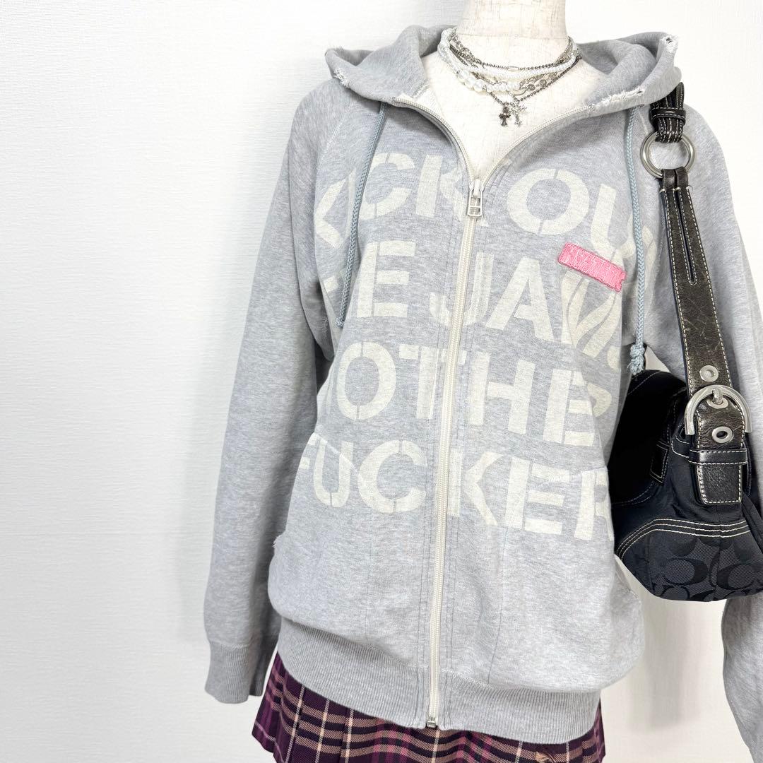 y2k❤️00s HYSTERIC GLAMOUR ロゴダメージ加工ジップパーカー