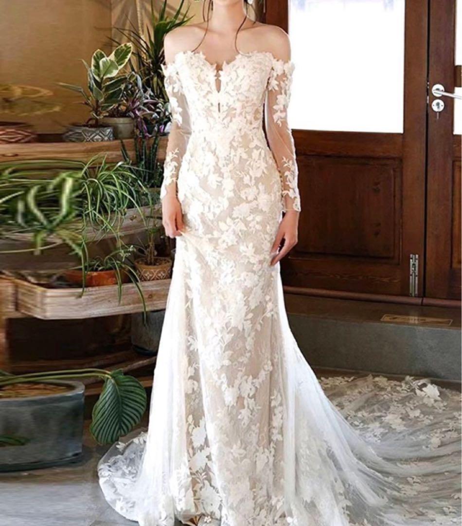 オフショルダーアイボリーマーメイドウェディングドレス