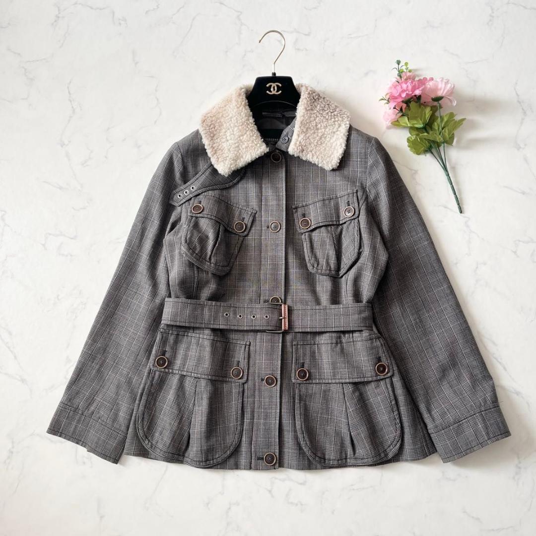 マックスマーラ チェック柄 ボアファー付 ベルト付 ジャケット 灰 XL