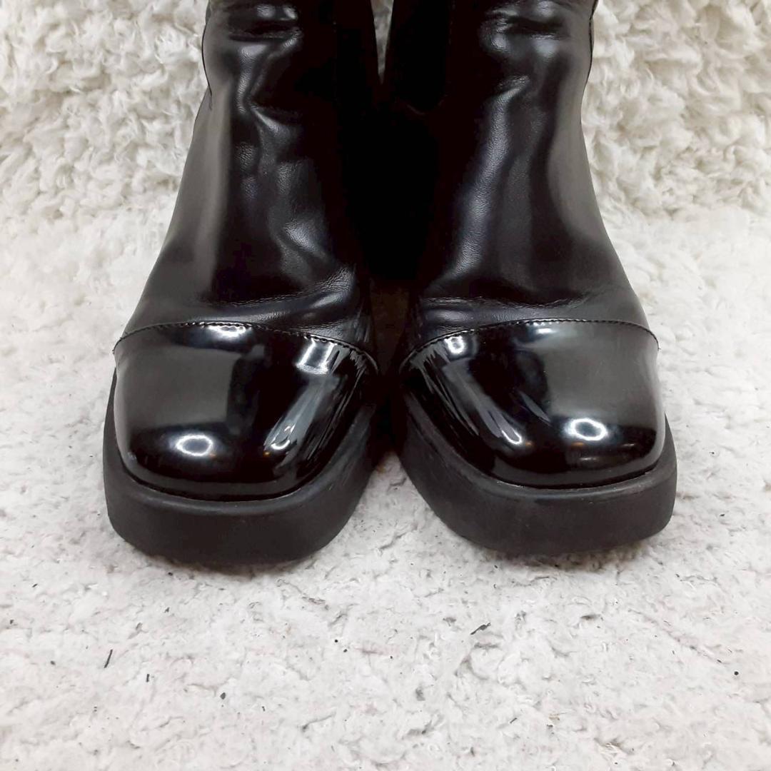 美品 25㎝◎ハーリップトゥ ロングブーツ 黒 先端エナメル 厚底 こじはる