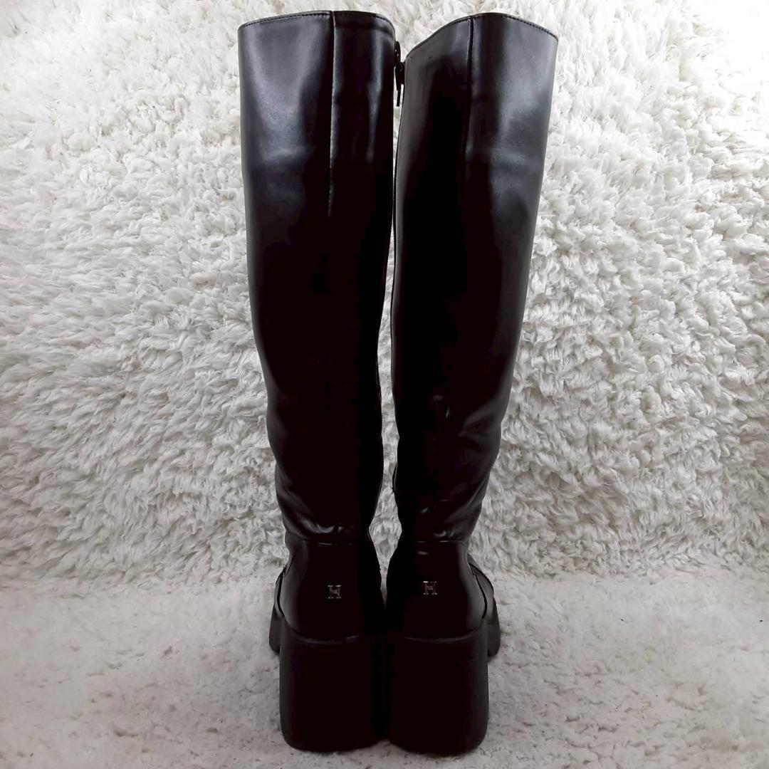 美品 25㎝◎ハーリップトゥ ロングブーツ 黒 先端エナメル 厚底 こじはる