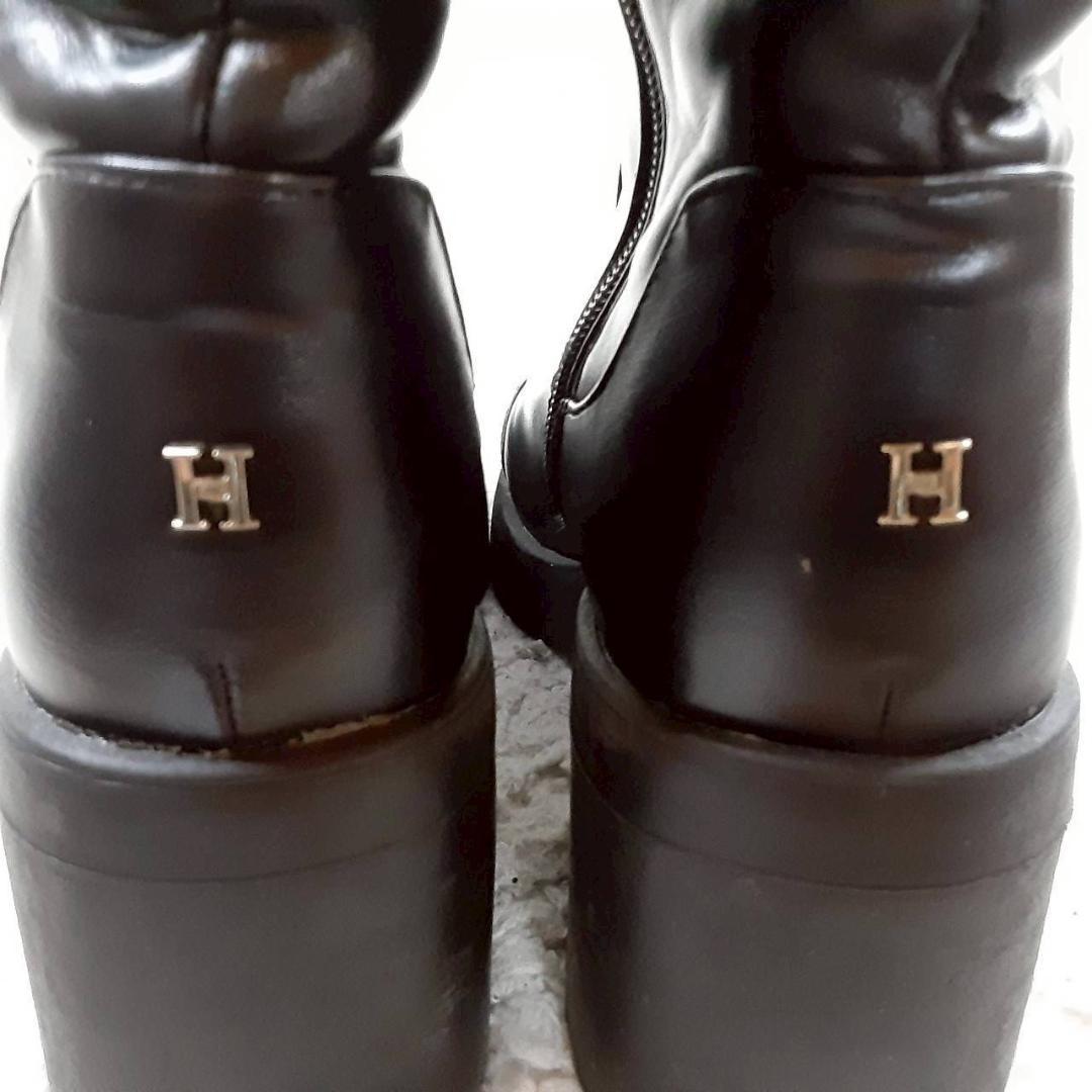 美品 25㎝◎ハーリップトゥ ロングブーツ 黒 先端エナメル 厚底 こじはる