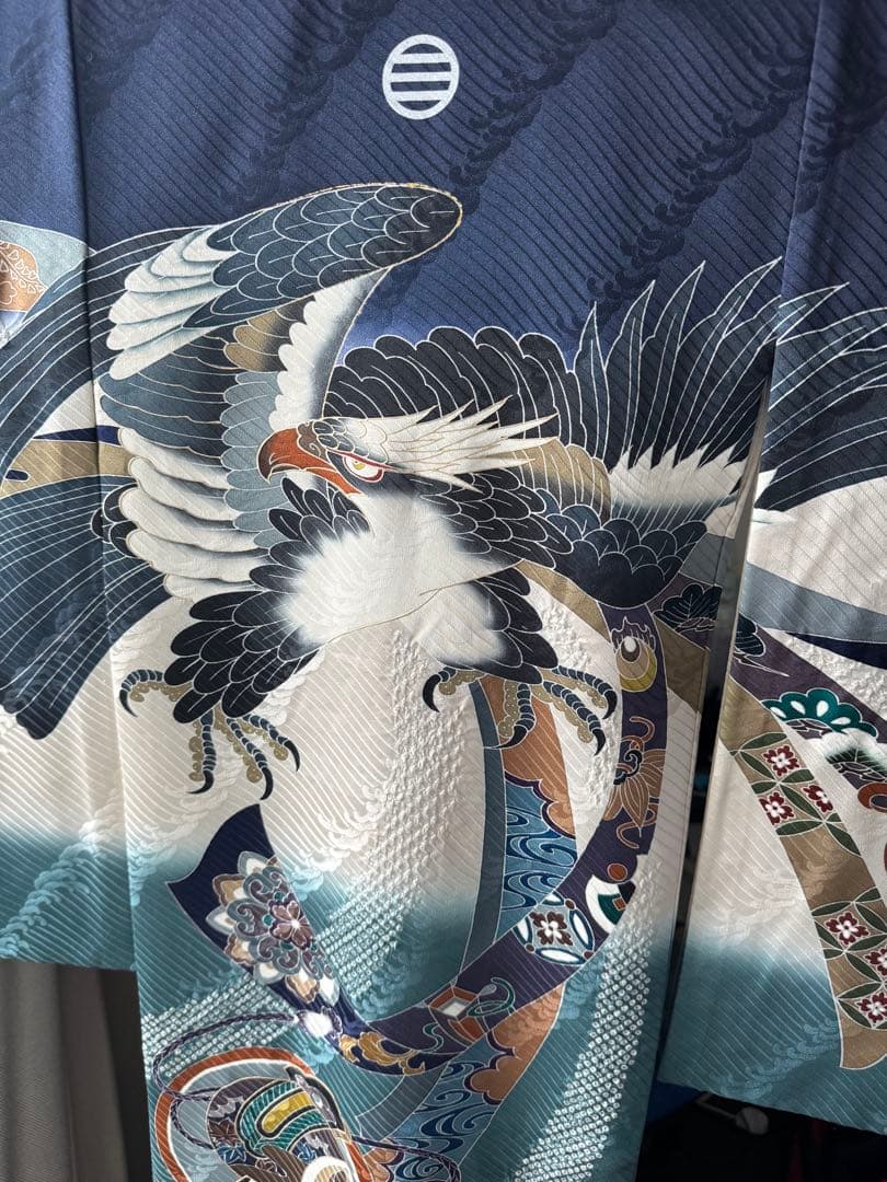 【美品】産着 男の子 鷹 青 白 一つ身 お宮参り 祝い着