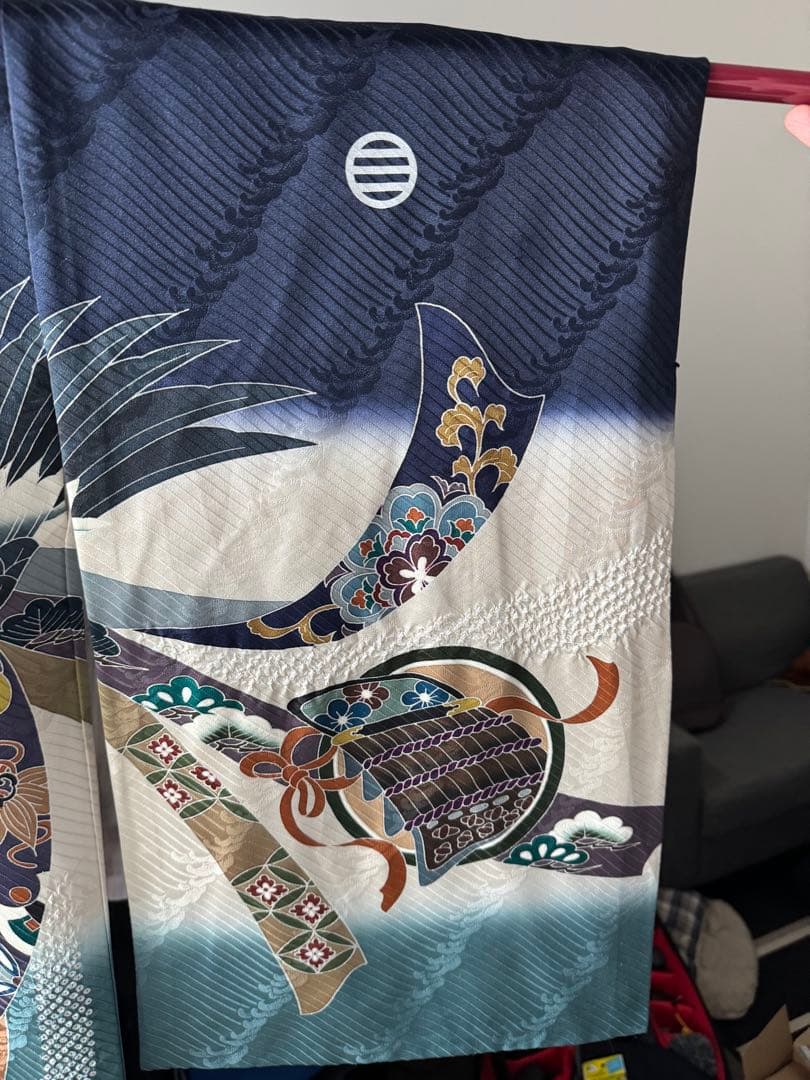 【美品】産着 男の子 鷹 青 白 一つ身 お宮参り 祝い着