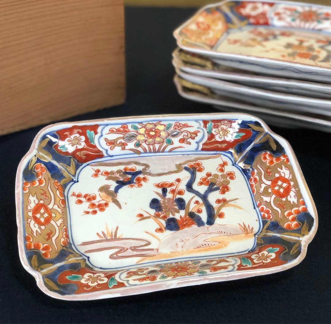 割引❗️《R》伊万里 金彩色絵 花鳥文様 長皿5客 木箱　250725F1