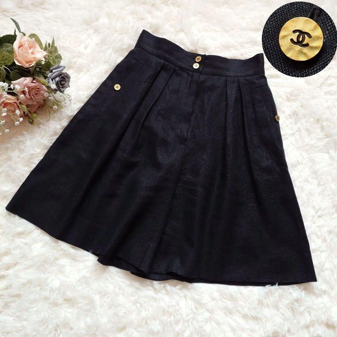 シャネル　ココマーク　金ボタン　リネン　ショート　ワイド　タック　パンツ