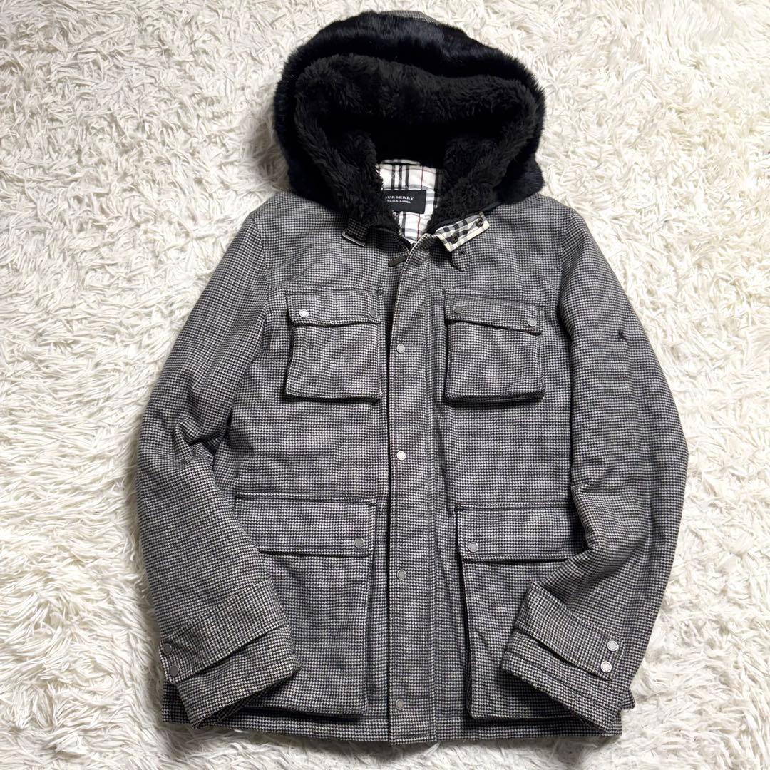 バーバリーブラックレーベル　パデッドコート　ノバチェック　千鳥柄　ラビットファー