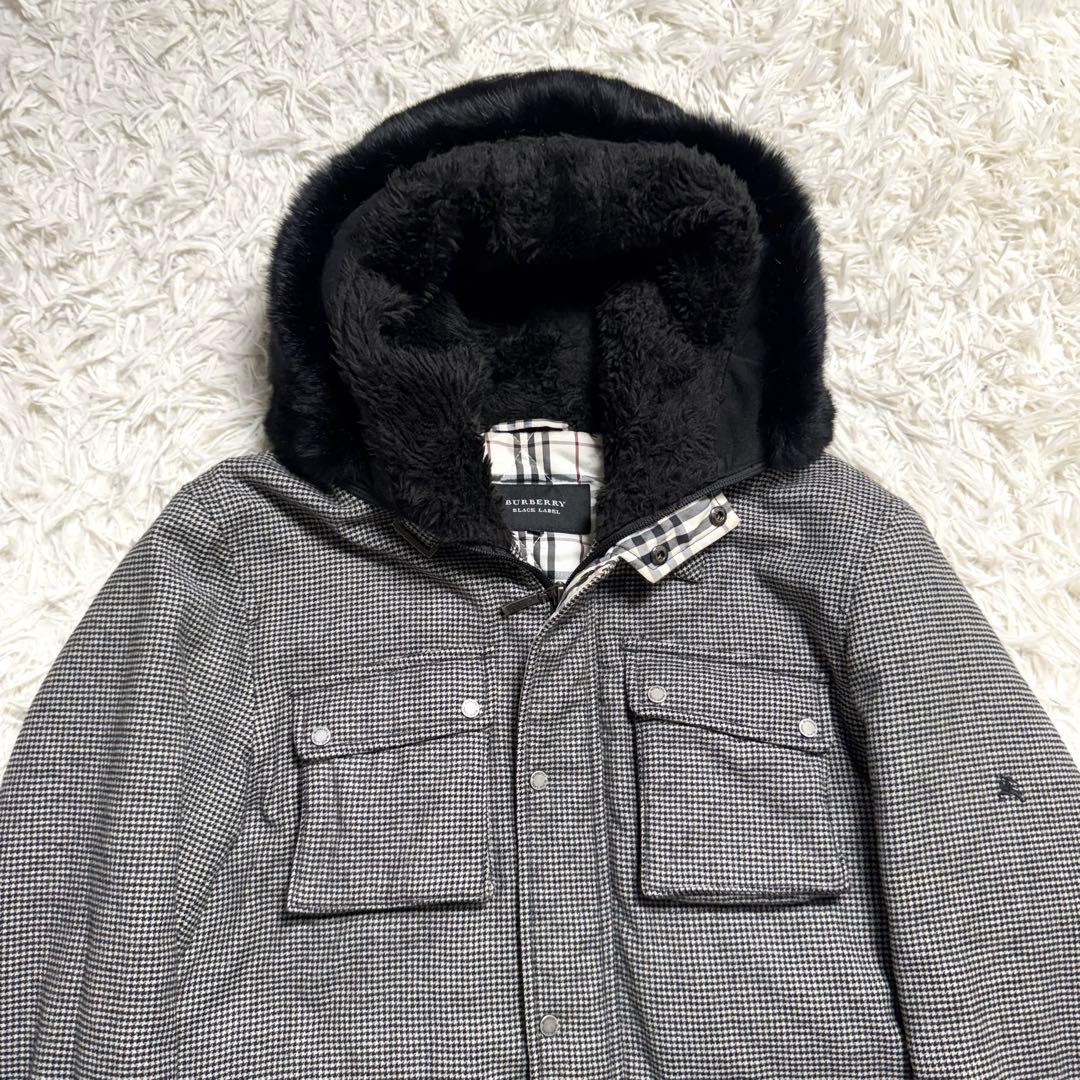 バーバリーブラックレーベル　パデッドコート　ノバチェック　千鳥柄　ラビットファー