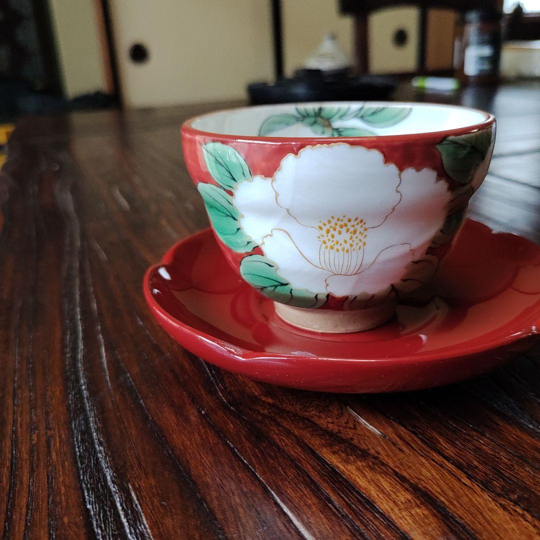 愛 陶庵　とうあん湯のみ茶碗　木製塗り茶托付き　ハナミズキ