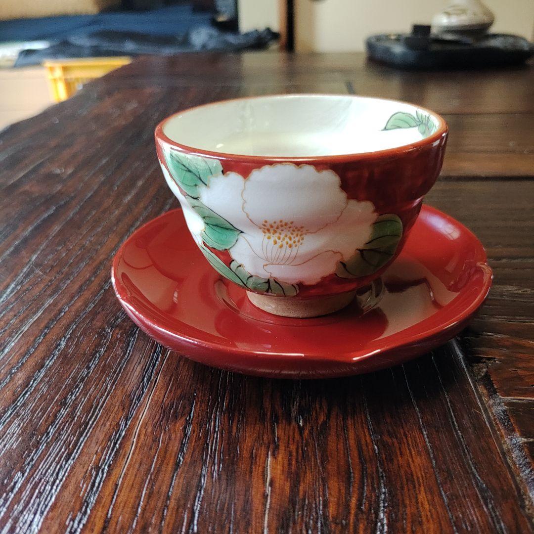 愛 陶庵　とうあん湯のみ茶碗　木製塗り茶托付き　ハナミズキ