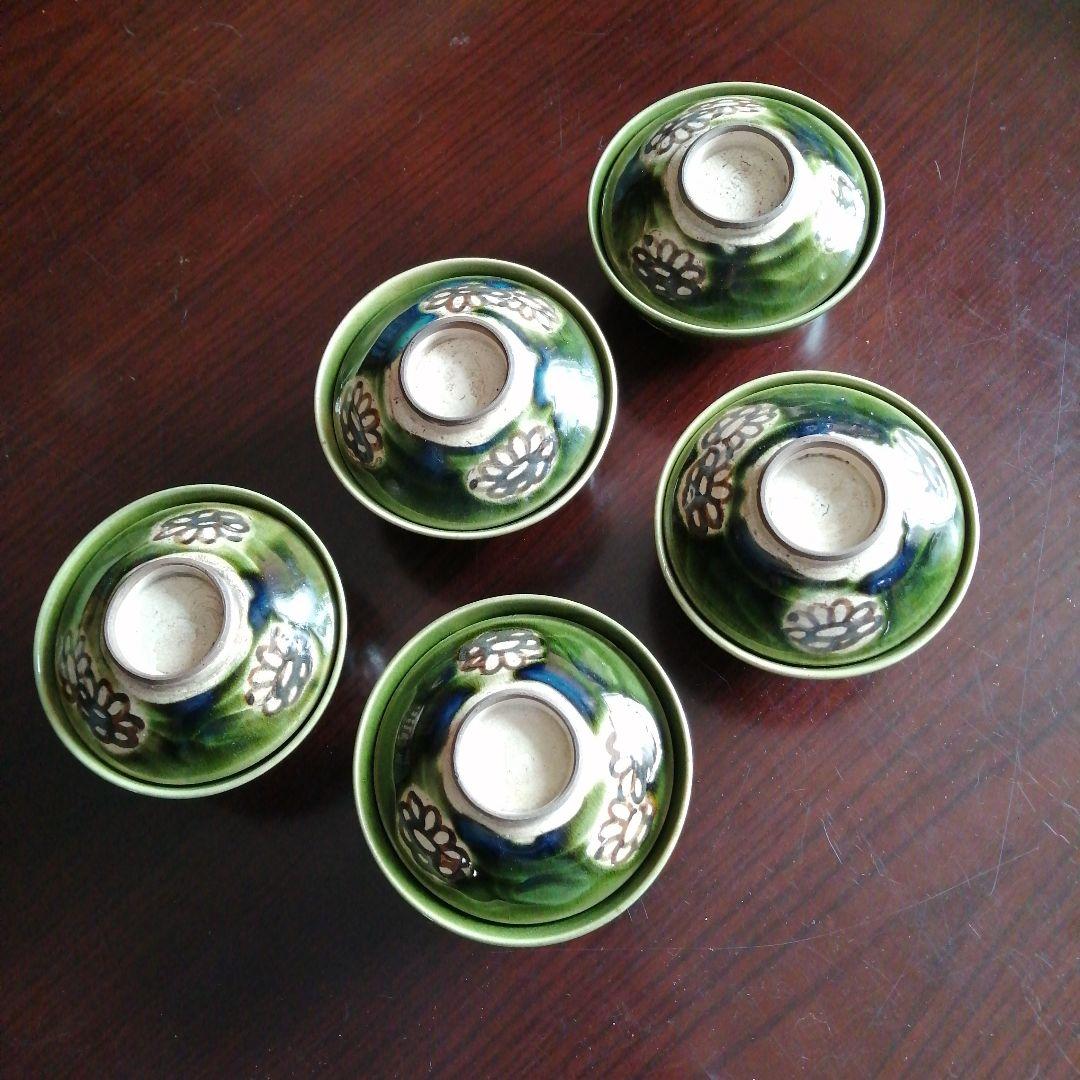 瀬戸焼　加藤丈助　織部蓋付茶碗　5客　12cm　大正〜昭和初期