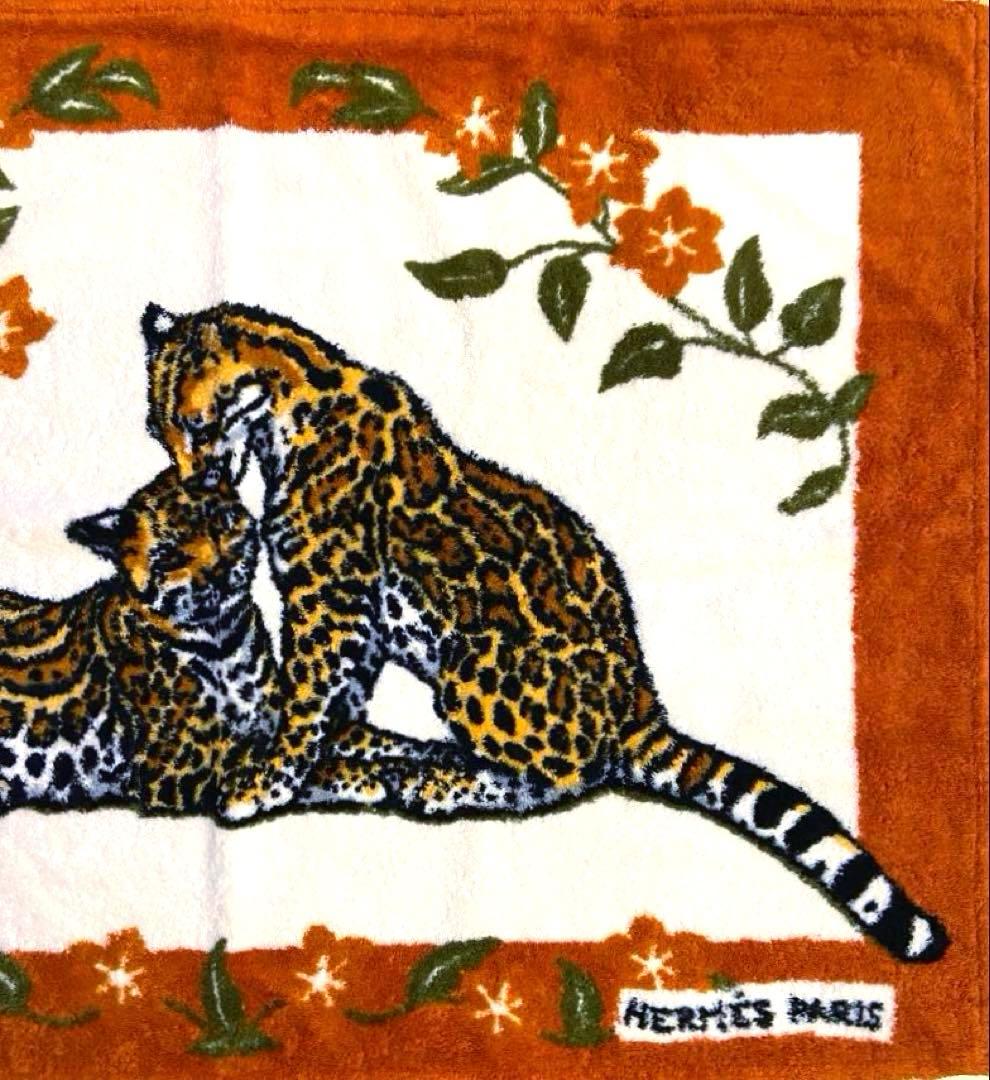 美品 エルメス ビーチタオル ラグ 玄関マット タイガー 虎 花柄 ブラウン