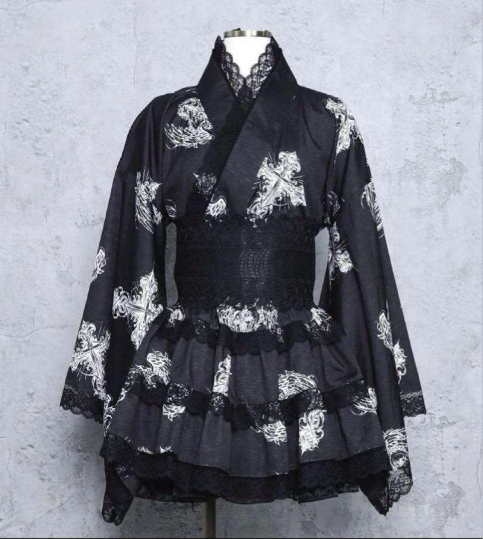 amilige クロスハート羽総柄浴衣ワンピース＋帯セット