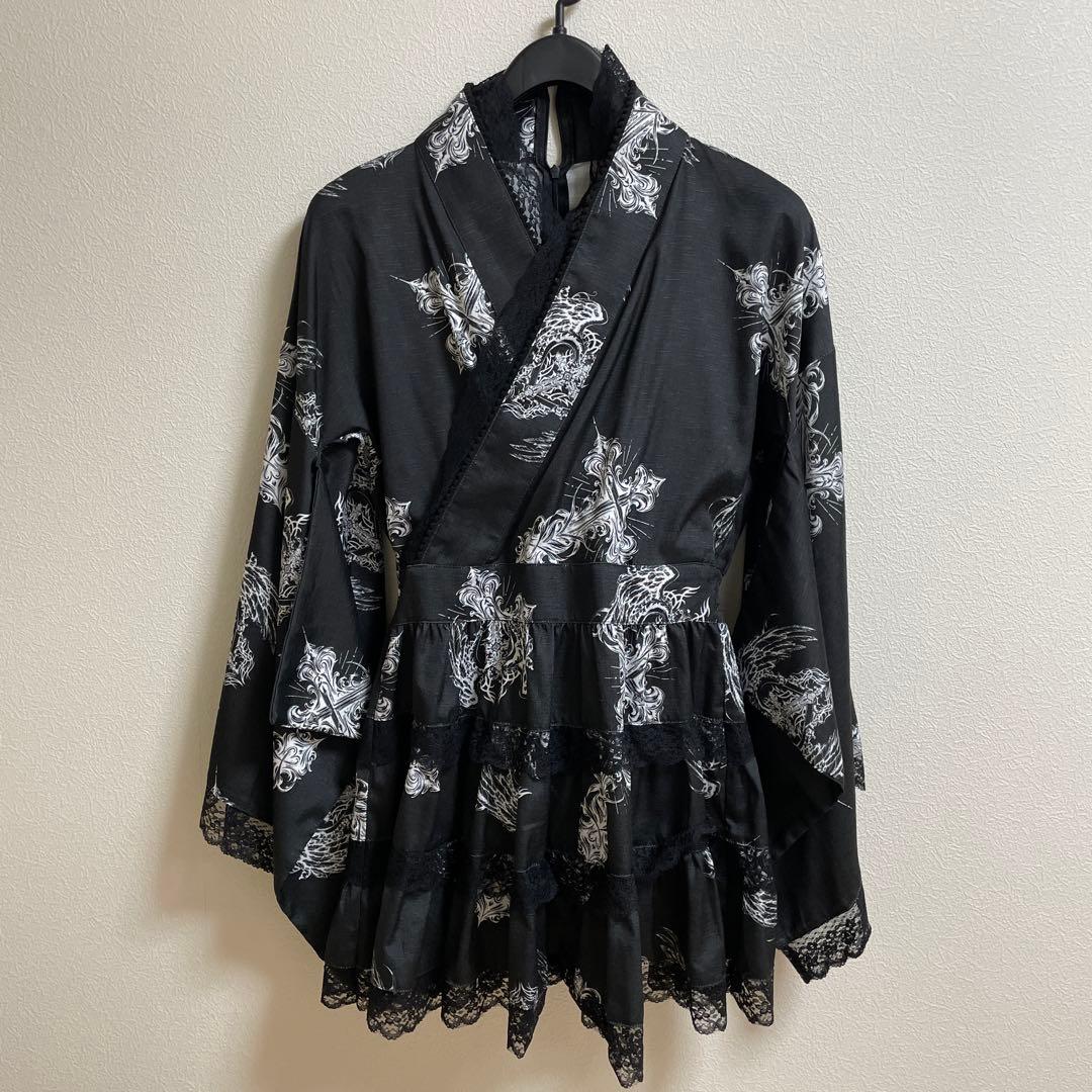 amilige クロスハート羽総柄浴衣ワンピース＋帯セット