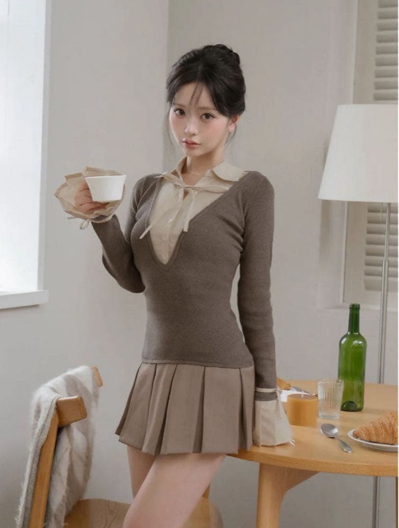 Darich シャツドッキングプリーツミニワンピースモカ