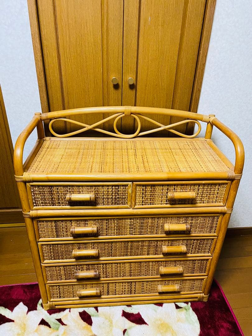 昭和レトロ　ラタン製チェスト 6引き出し ナチュラルウッド