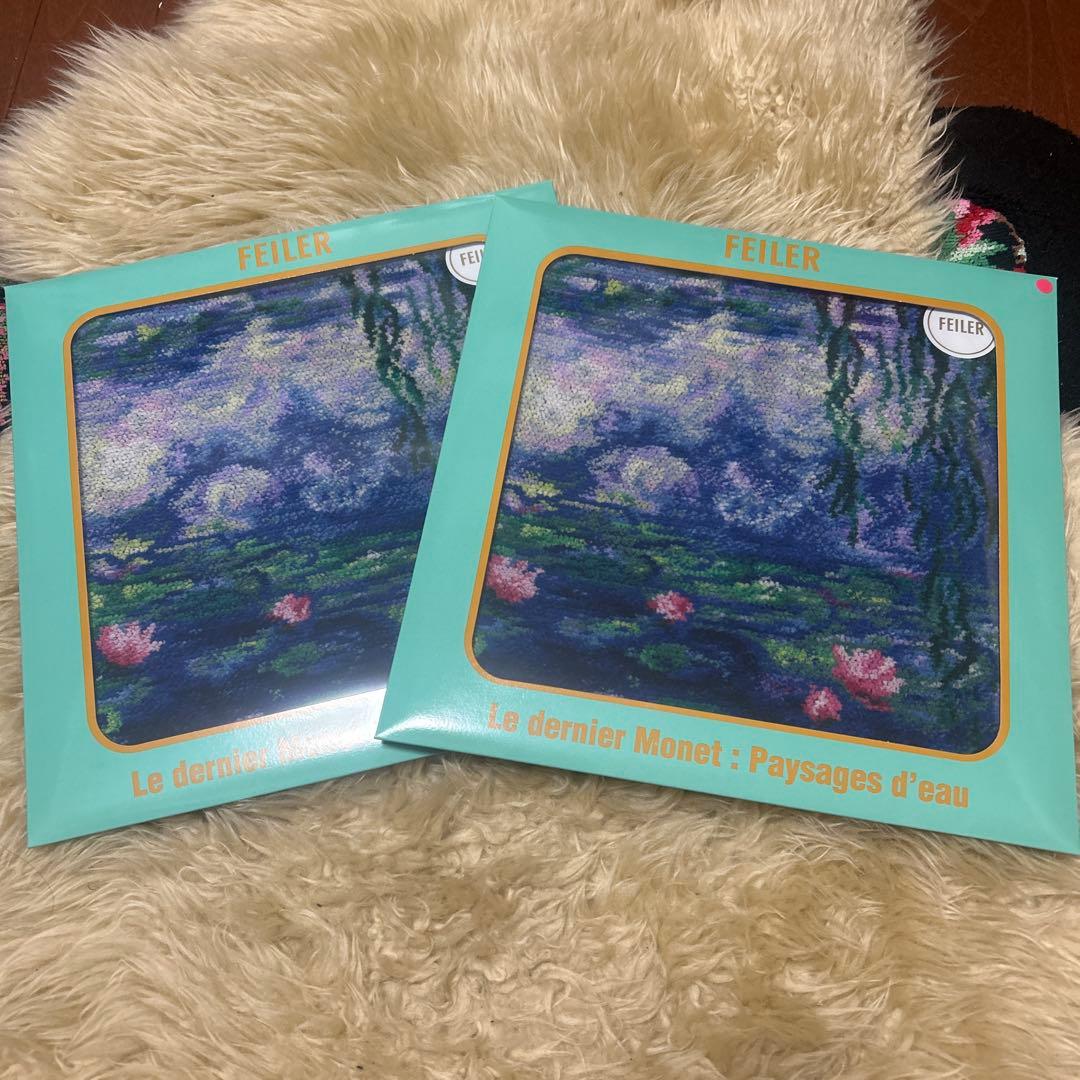モネ展　睡蓮のとき　京セラ美術館限定　フェイラー　ハンカチ　ピンク　グリーン