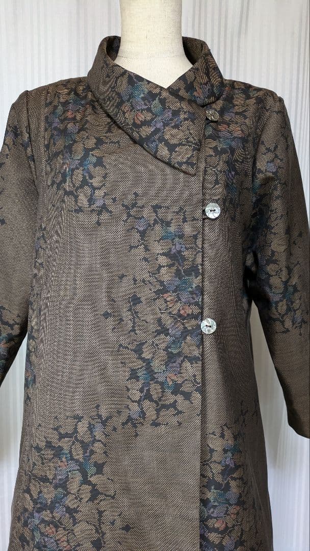 No241大島紬着物リメイク 7マルキ茶泥大島紬 重ね襟ワンピ被りタイプ