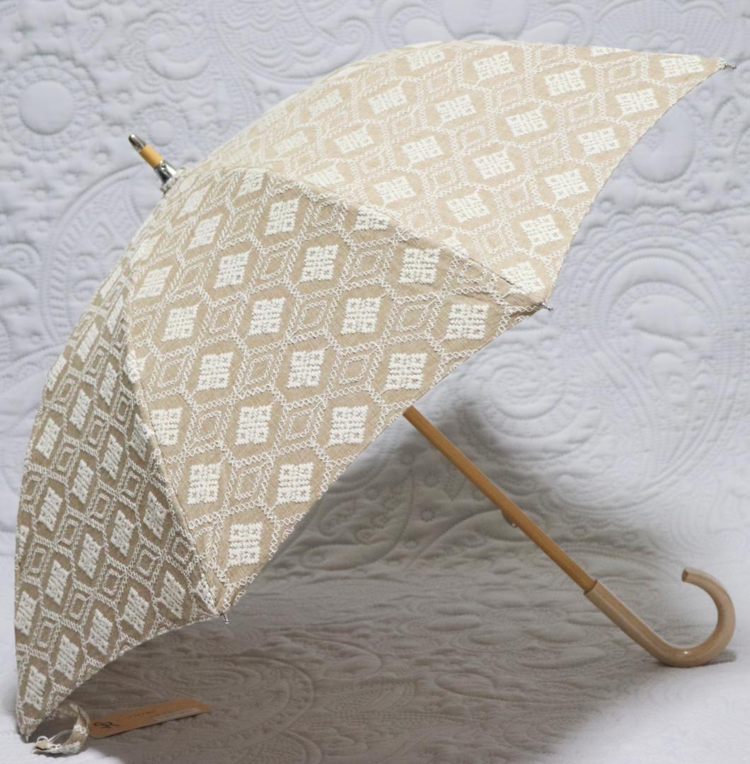 新品【長傘 日傘】綿100％ 高級感 幾何学立体総刺繍 木製 日傘 日本製