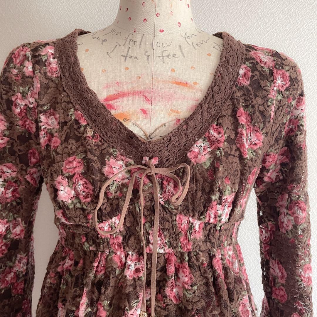 00s 希少 LIZLISA パワネ総レースブラウンローズチュニック 姫カジ