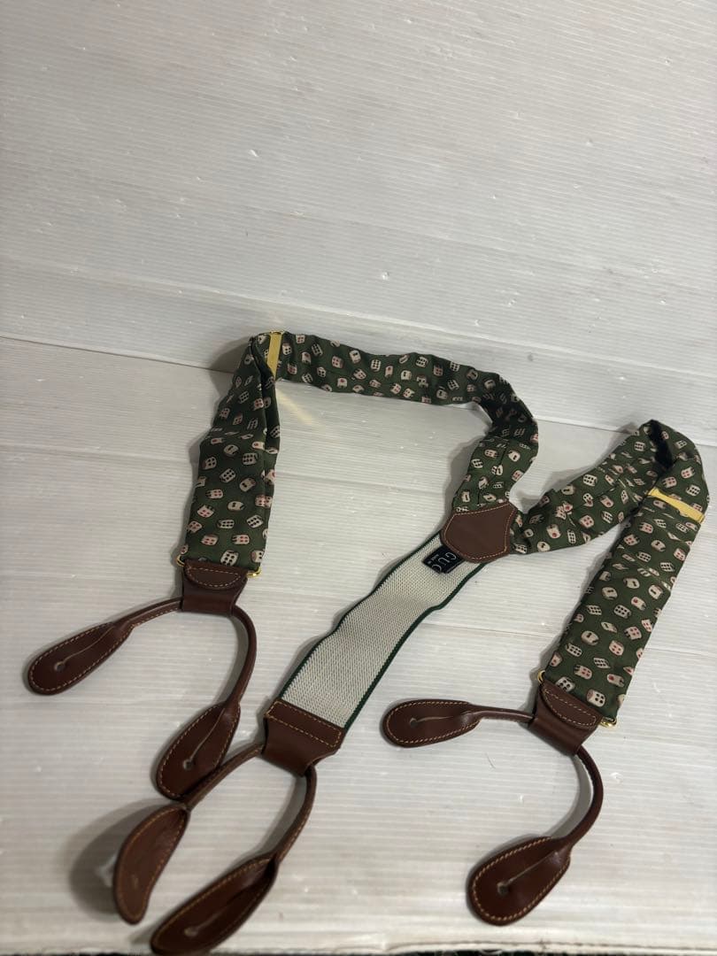 GUCCIグッチ伊製サイコロダイス柄シルク×本革サスペンダーベルト緑グリーン