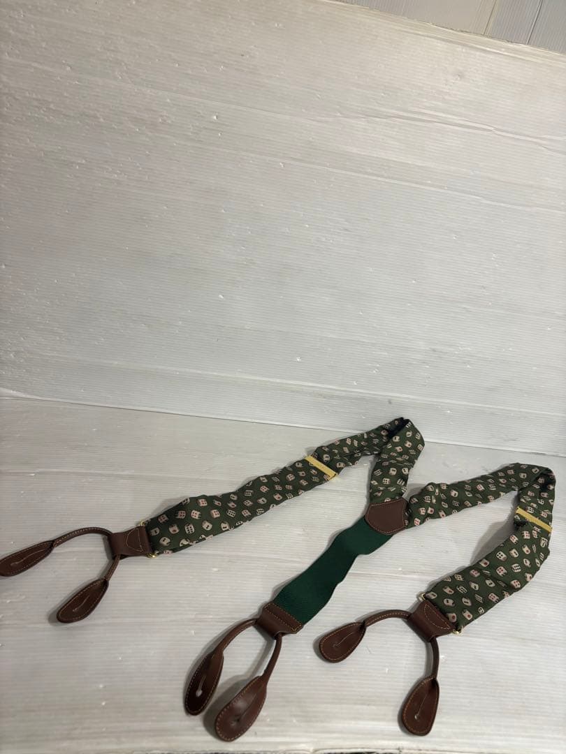 GUCCIグッチ伊製サイコロダイス柄シルク×本革サスペンダーベルト緑グリーン