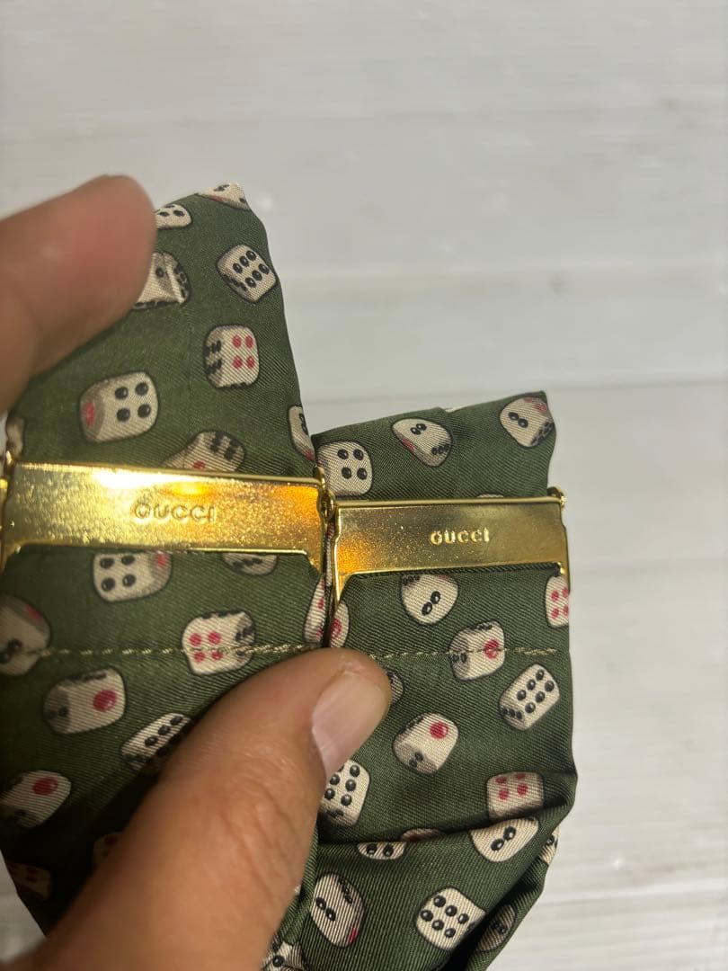 GUCCIグッチ伊製サイコロダイス柄シルク×本革サスペンダーベルト緑グリーン