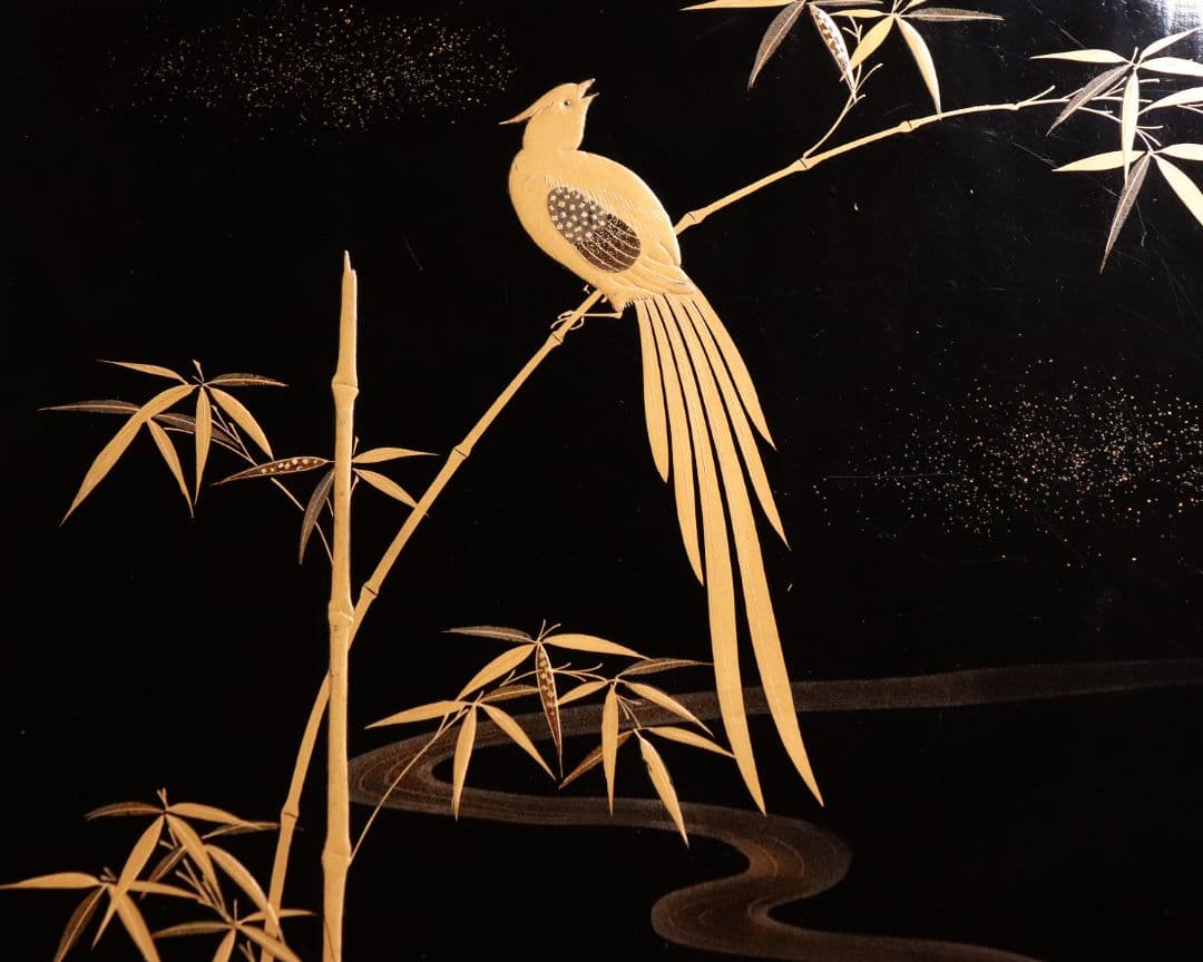 CM81 時代木製漆器 流水笹竹尾長鳥 金蒔絵 黒塗 四方膳 足付 五客 吸物膳