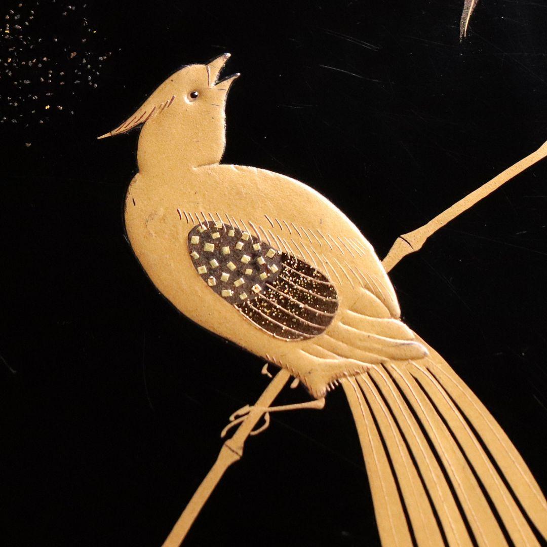 CM81 時代木製漆器 流水笹竹尾長鳥 金蒔絵 黒塗 四方膳 足付 五客 吸物膳