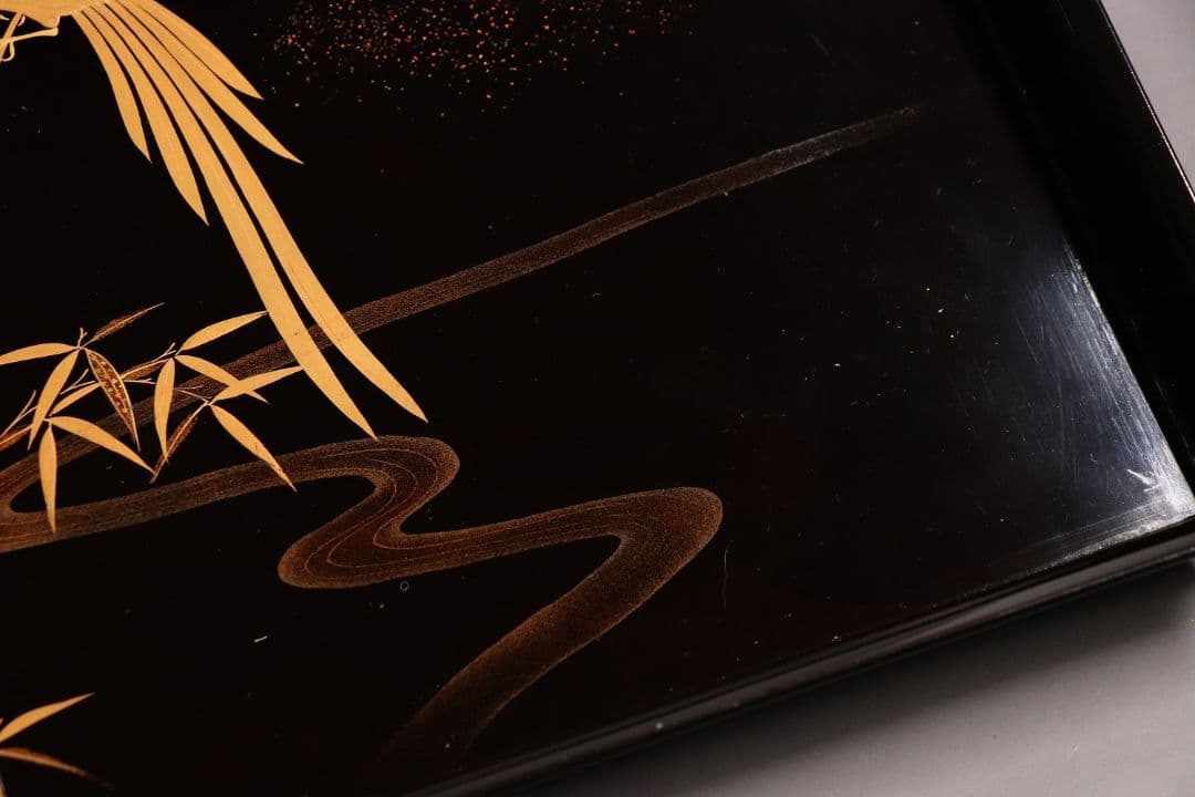 CM81 時代木製漆器 流水笹竹尾長鳥 金蒔絵 黒塗 四方膳 足付 五客 吸物膳