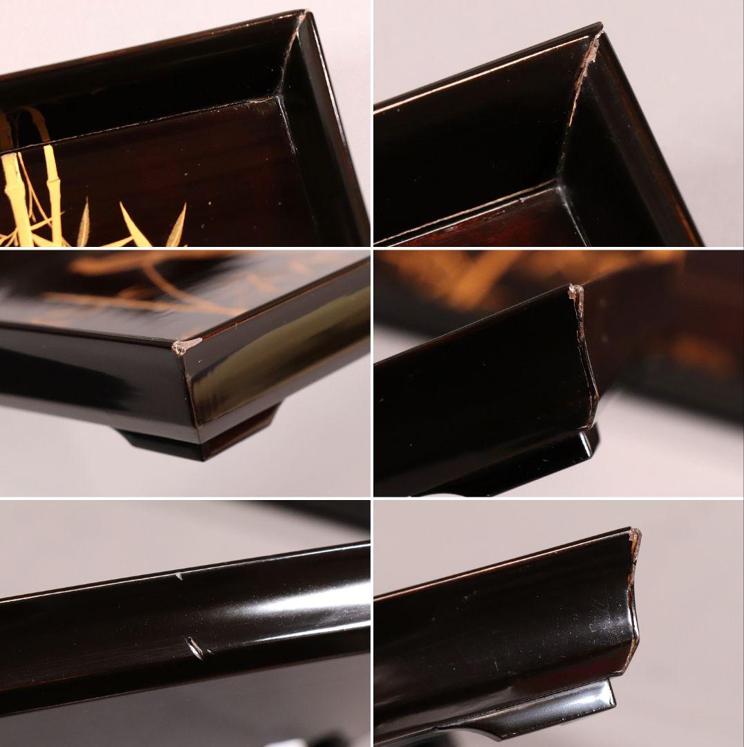 CM81 時代木製漆器 流水笹竹尾長鳥 金蒔絵 黒塗 四方膳 足付 五客 吸物膳