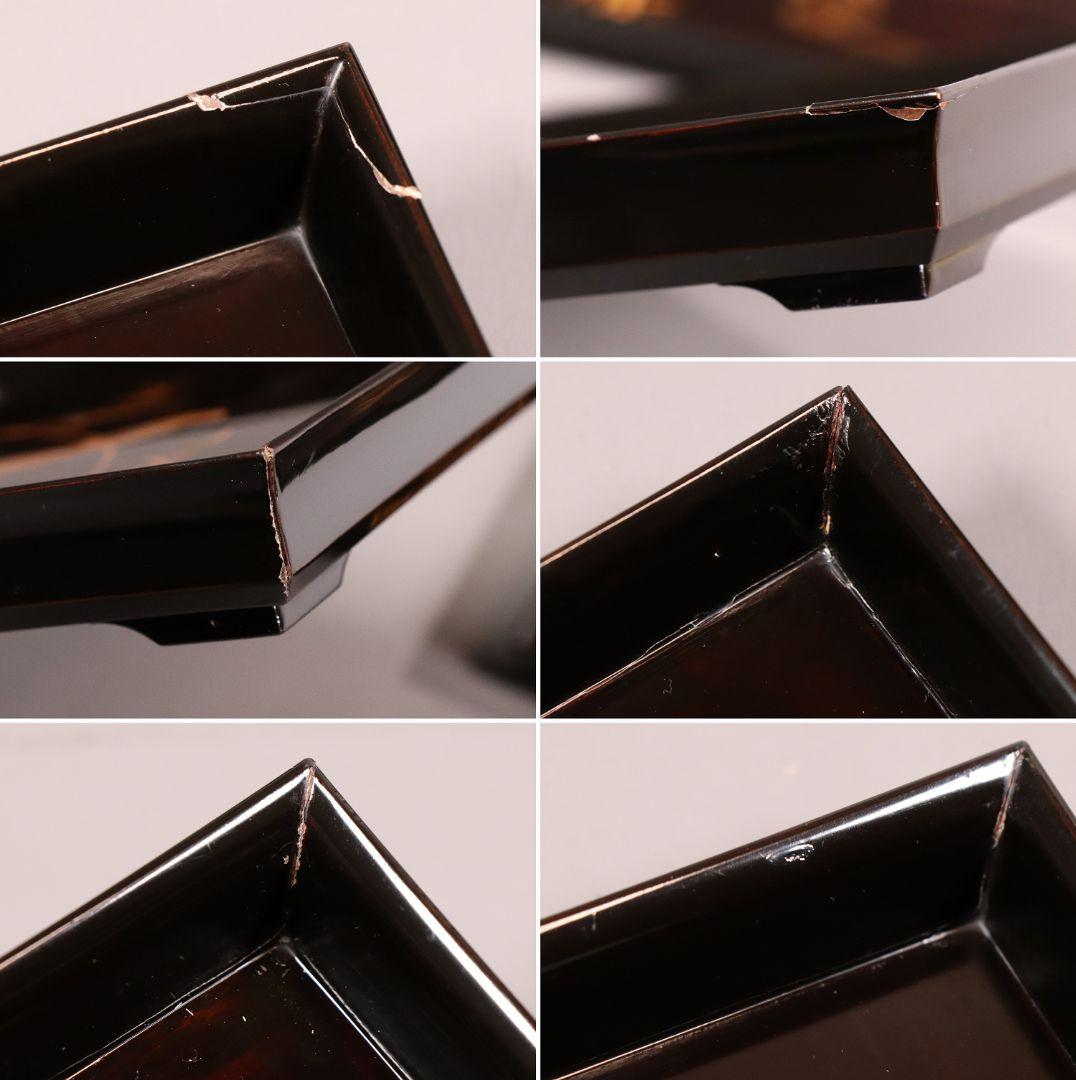 CM81 時代木製漆器 流水笹竹尾長鳥 金蒔絵 黒塗 四方膳 足付 五客 吸物膳