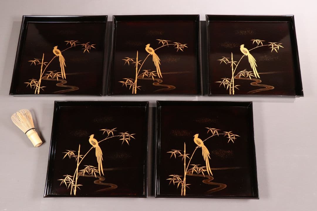 CM81 時代木製漆器 流水笹竹尾長鳥 金蒔絵 黒塗 四方膳 足付 五客 吸物膳