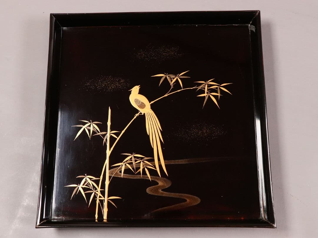CM81 時代木製漆器 流水笹竹尾長鳥 金蒔絵 黒塗 四方膳 足付 五客 吸物膳