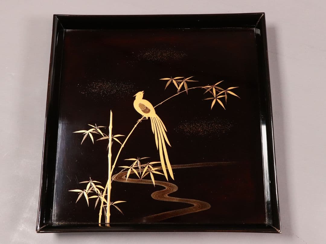 CM81 時代木製漆器 流水笹竹尾長鳥 金蒔絵 黒塗 四方膳 足付 五客 吸物膳