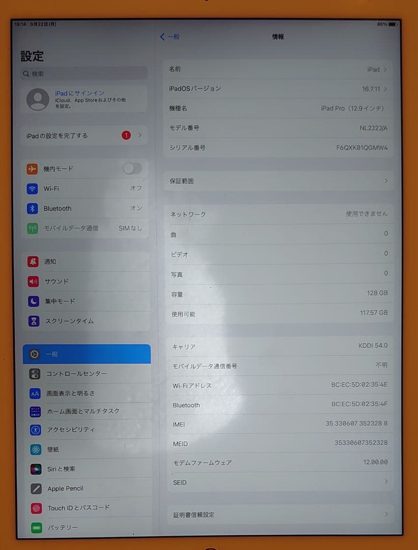 完動品SIMフリーiPadPro12.9インチA1652本体128GB GMW4