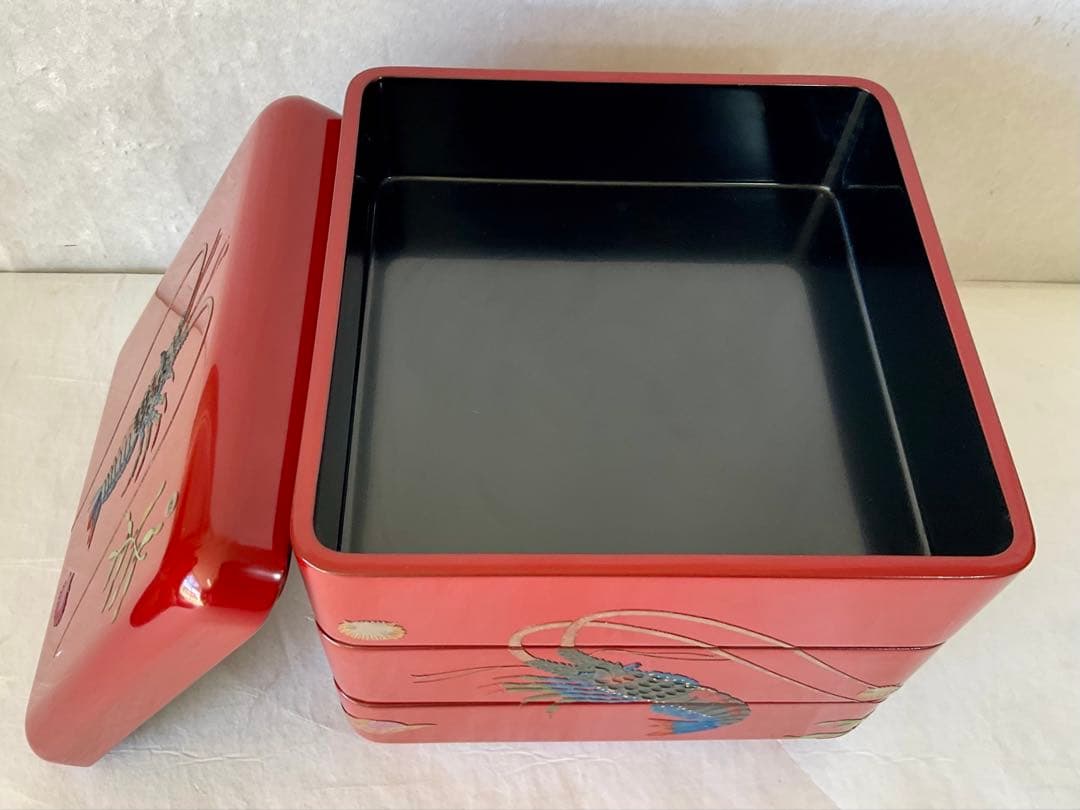 ★琉球塗 伊勢海老 三段重箱 朱塗り