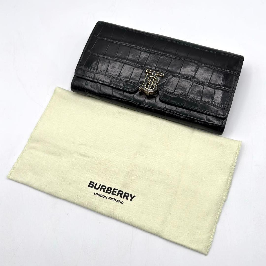 極美品 入手困難 バーバリー 保存袋付属 長財布 BT クロコ 型押し 総柄 黒