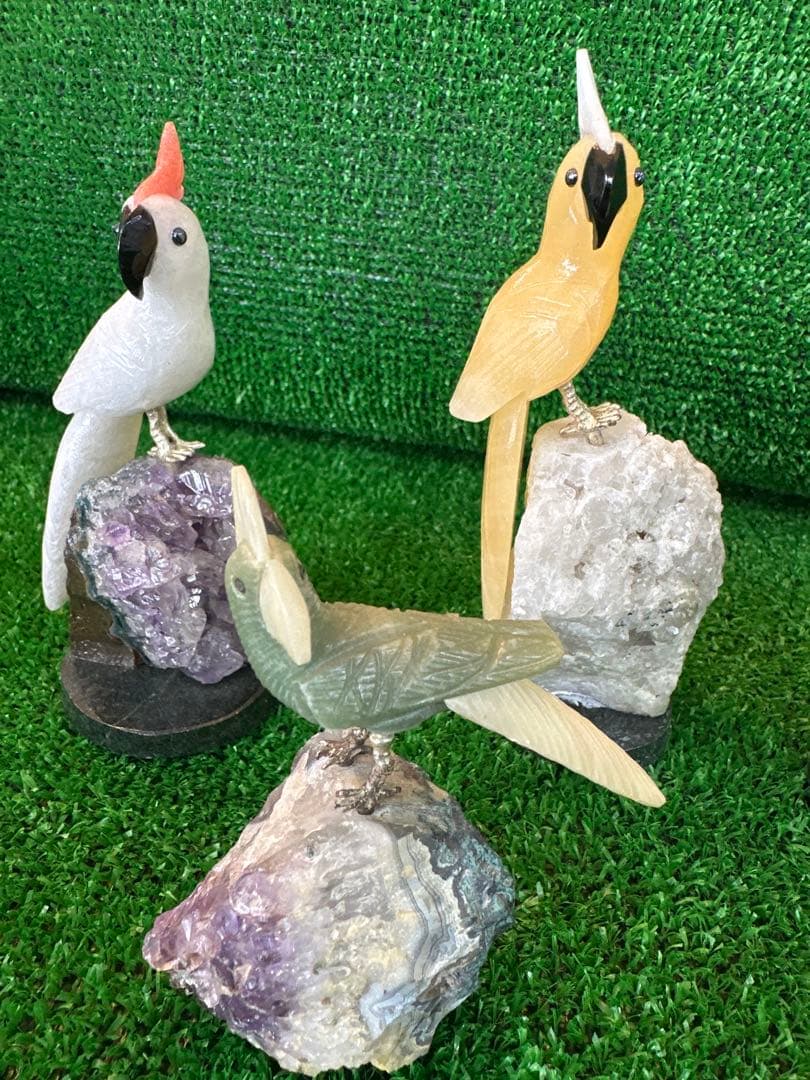 天然石 鳥 彫刻 置物 4点セット アメジスト台座