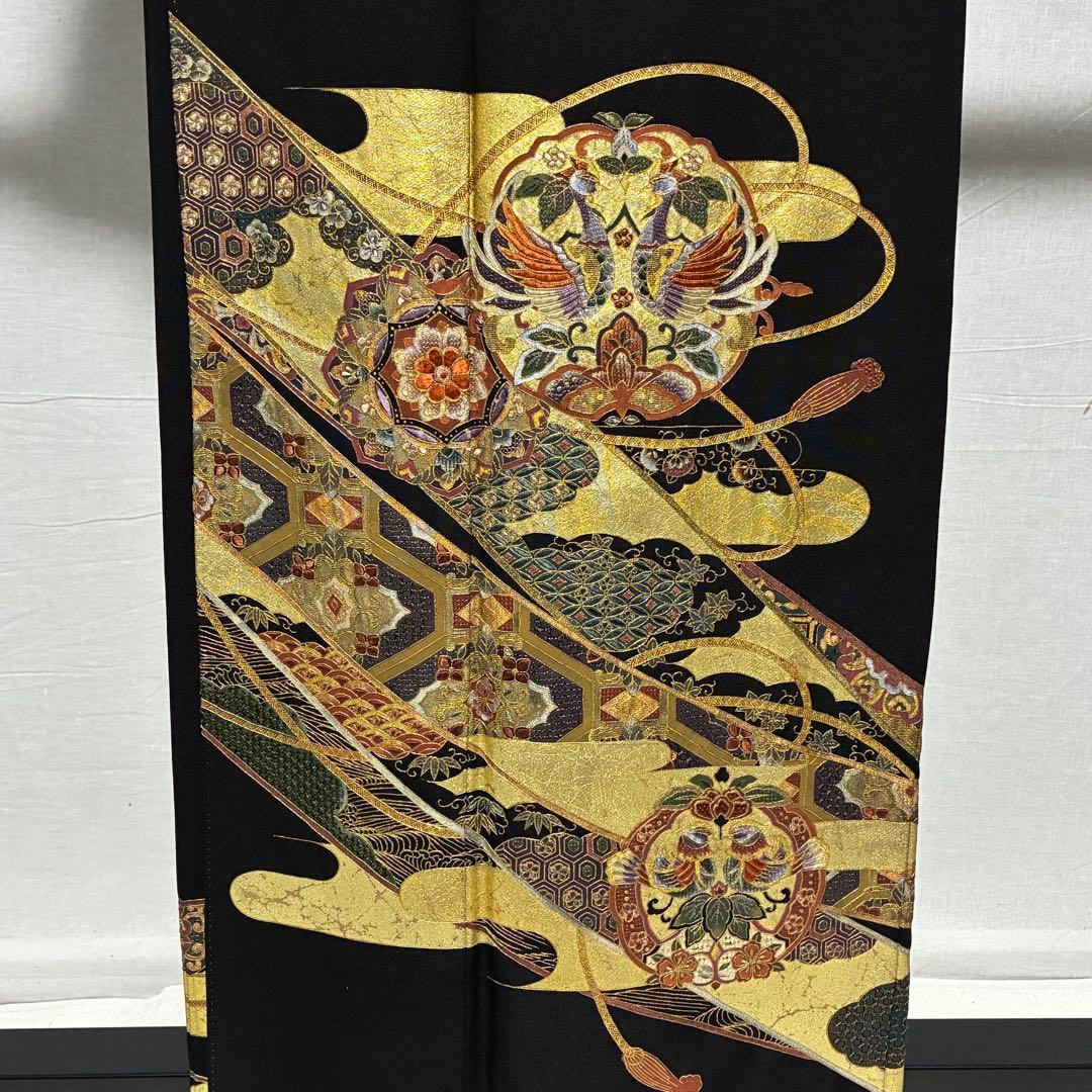 D69 黒留袖 総刺繍 汕頭・相良・金駒刺繍 華文 鳳凰 正絹 着物 袷 極美品