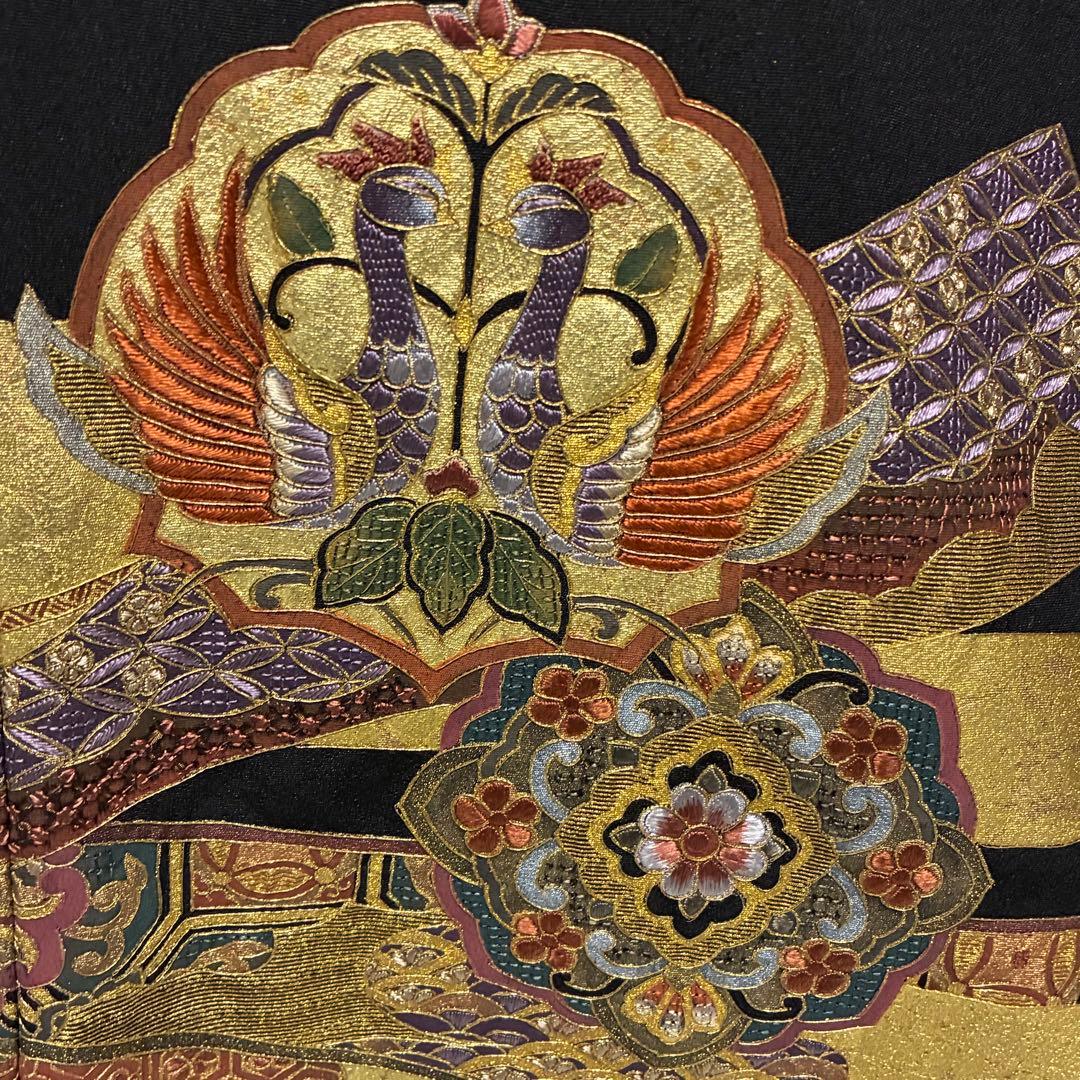 D69 黒留袖 総刺繍 汕頭・相良・金駒刺繍 華文 鳳凰 正絹 着物 袷 極美品