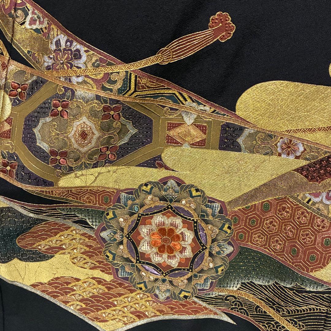 D69 黒留袖 総刺繍 汕頭・相良・金駒刺繍 華文 鳳凰 正絹 着物 袷 極美品