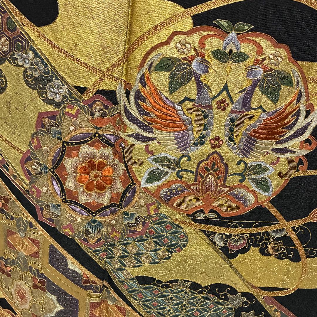 D69 黒留袖 総刺繍 汕頭・相良・金駒刺繍 華文 鳳凰 正絹 着物 袷 極美品
