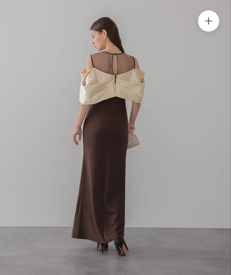 LEJA LUXEブラウンオフショルダーパーティードレス