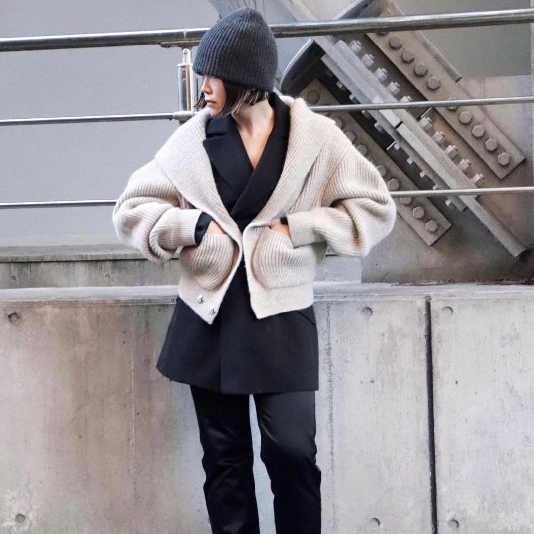 グレー リブ編み フード付きカーディガン