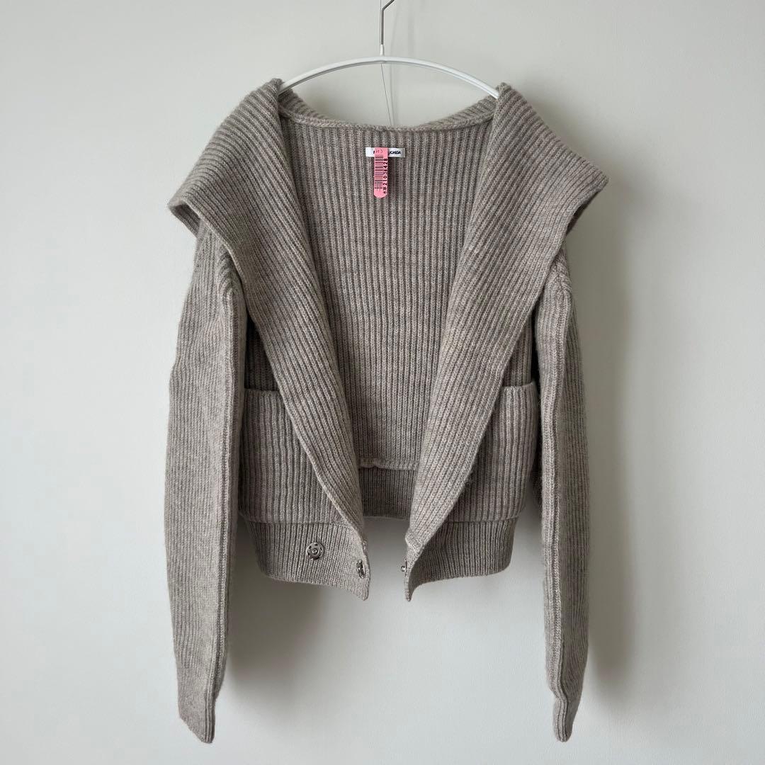 グレー リブ編み フード付きカーディガン
