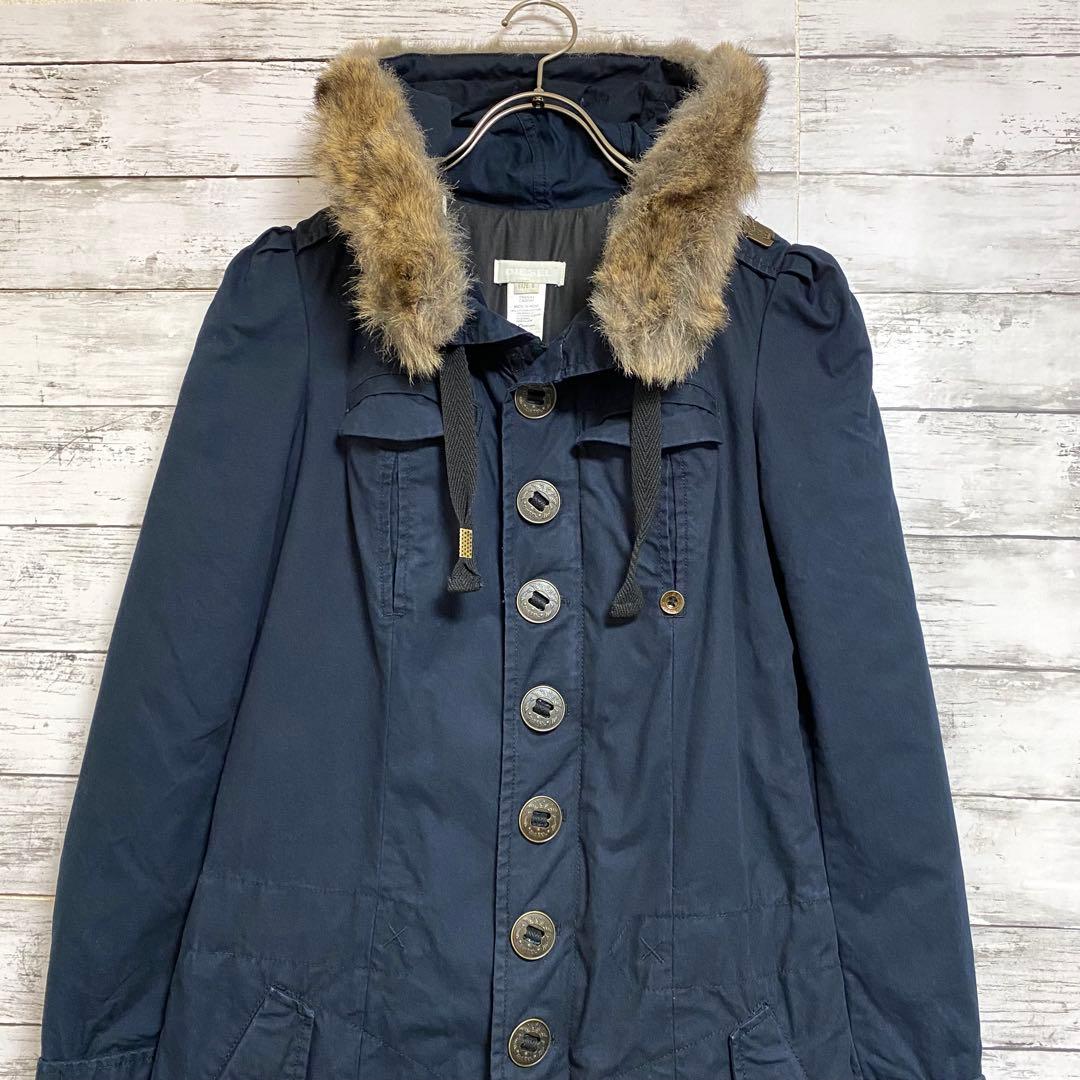 DIESEL 刺繍 ナイロン フード付き ジャケット ディーゼルボタン 紺色
